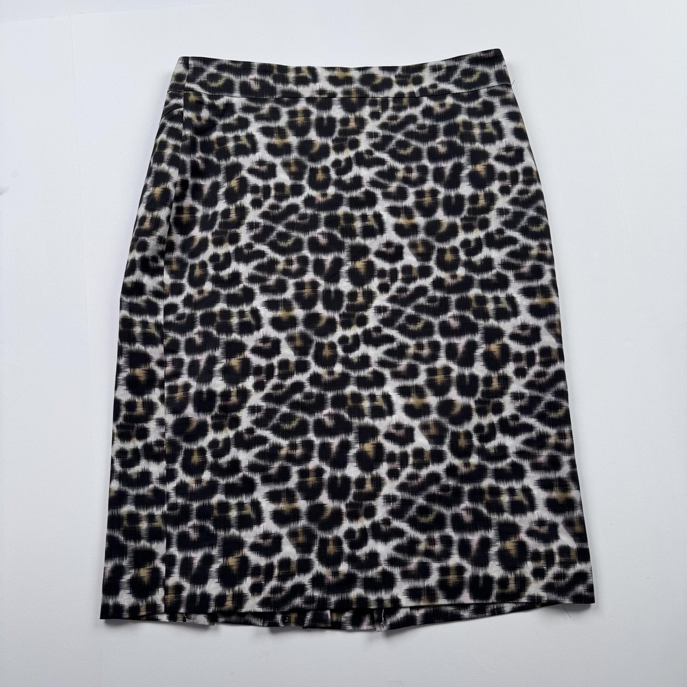 Ann Taylor Skirt Womens 8 (30) Black Tan Leopard Print Cotton Silk Pencil Lined